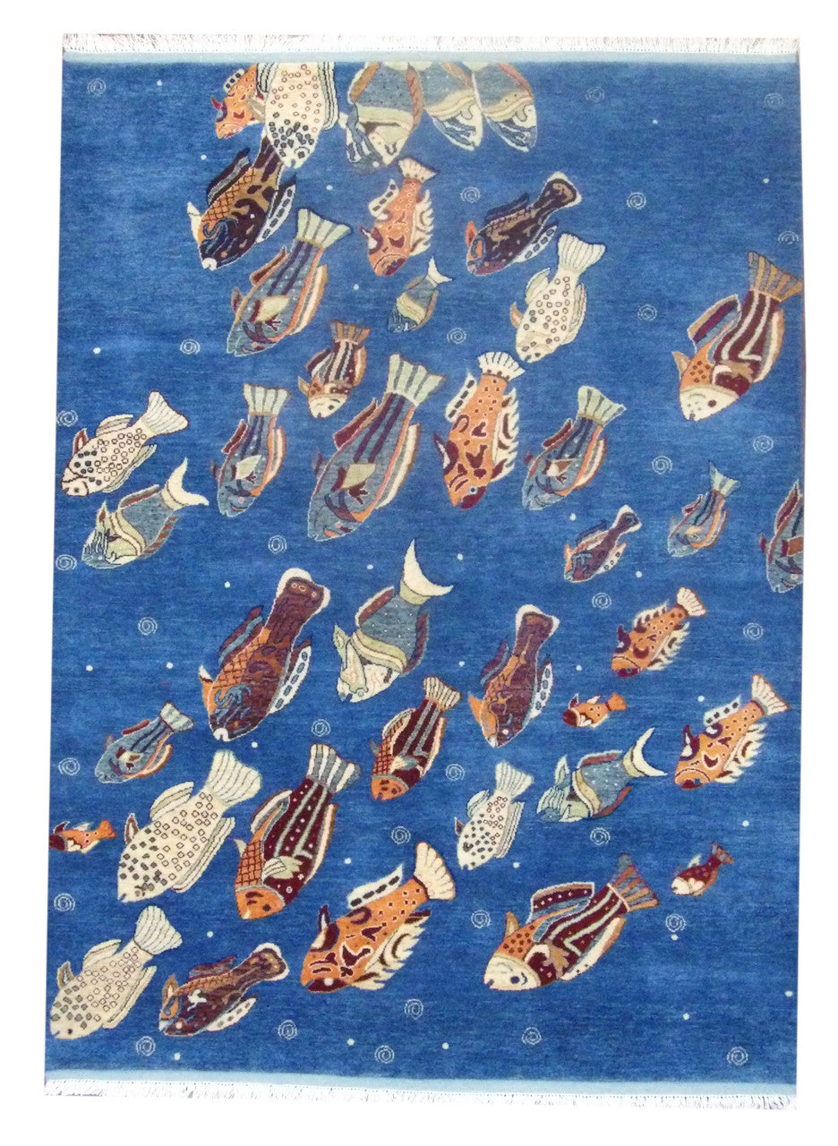 Natural Coastal Fish Design hand-knotted wool rug in Blue & Multi-Color, full view