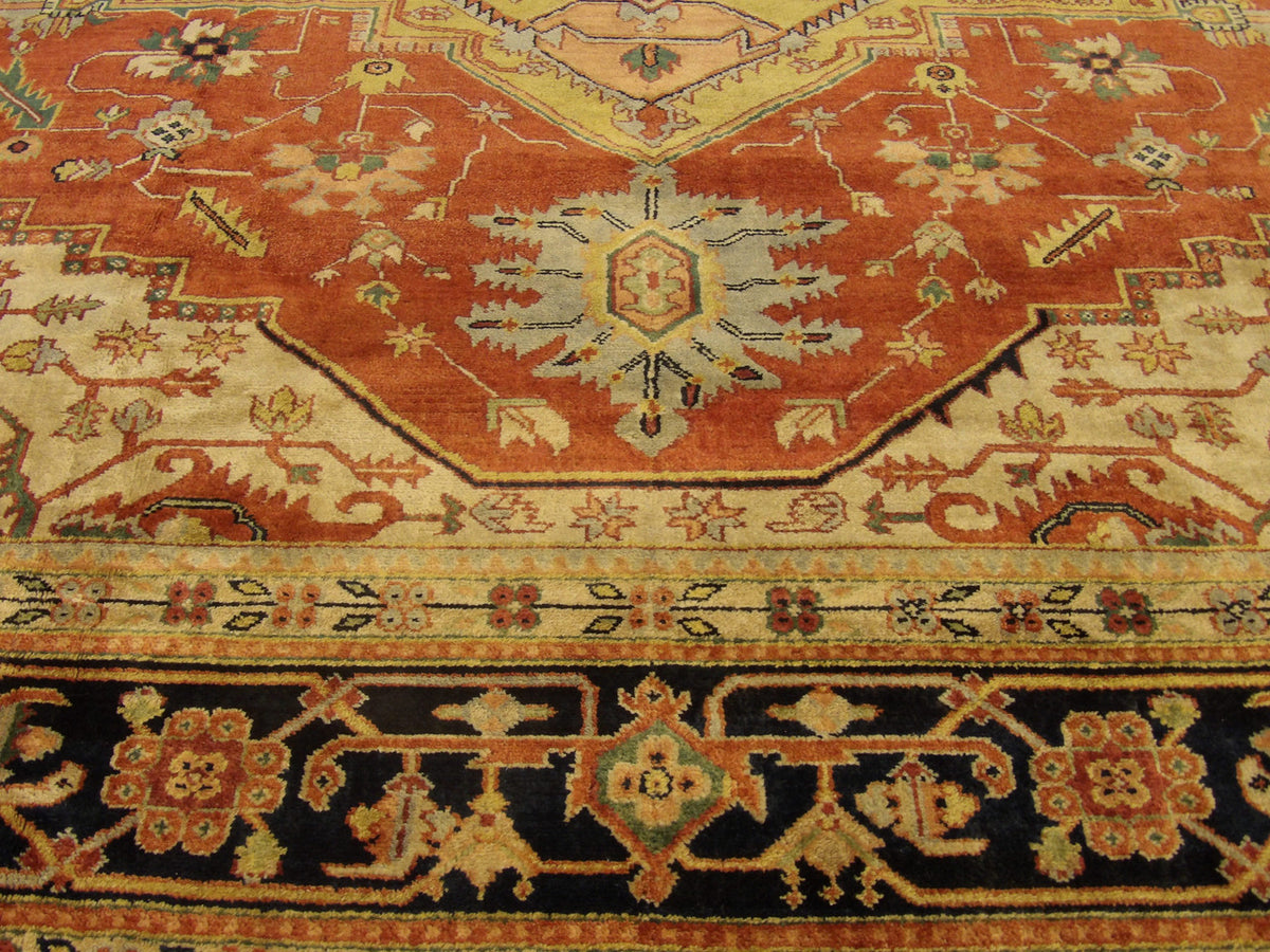 Tribal Heriz rug border detail, blue and rust