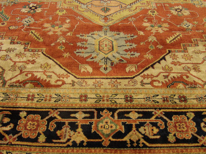 Tribal Heriz rug border detail, blue and rust