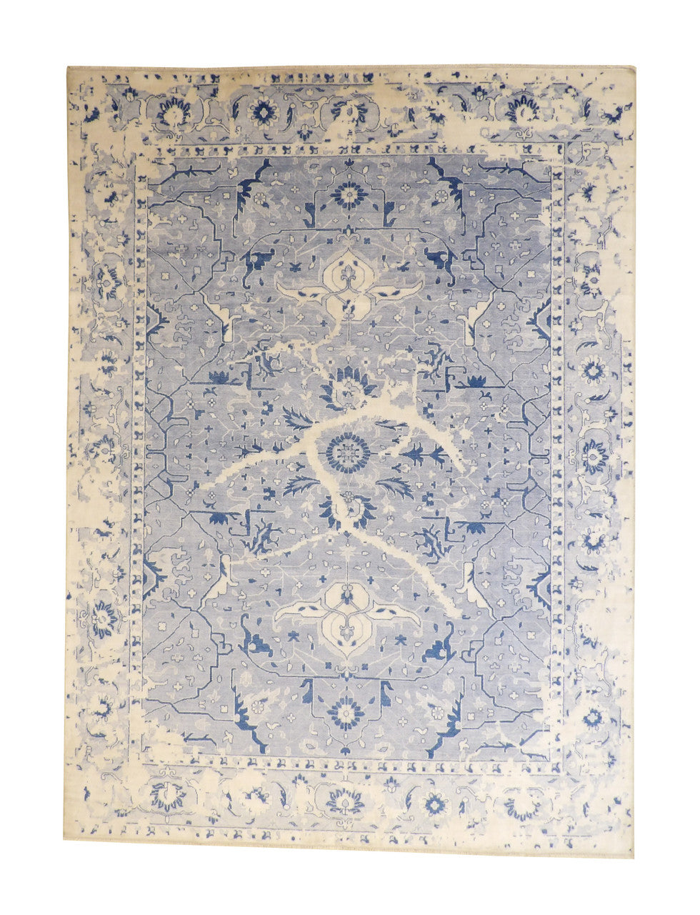 Transitional Abstract Distress Design hand-knotted wool-silk rug in Blue & White, full view