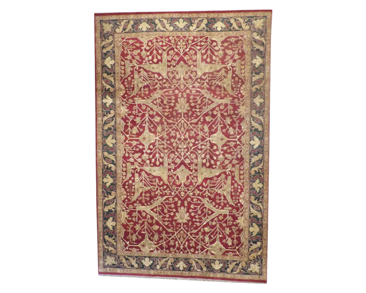 Agra Ziegler antique wash hand-knotted wool rug in green and red, oversized full view