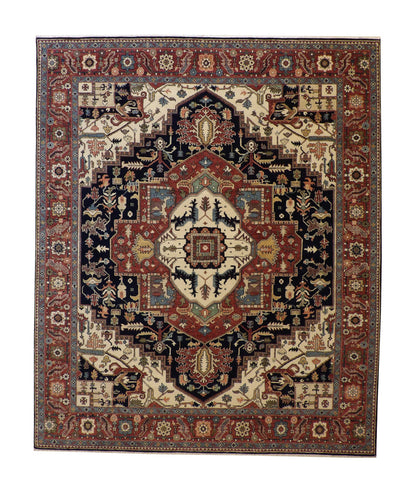 Traditional Fine Sherapi hand-knotted wool rug in Blue & Rust, full view