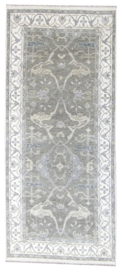 Turkish Oushak hand-knotted wool runner in gray and beige, full view