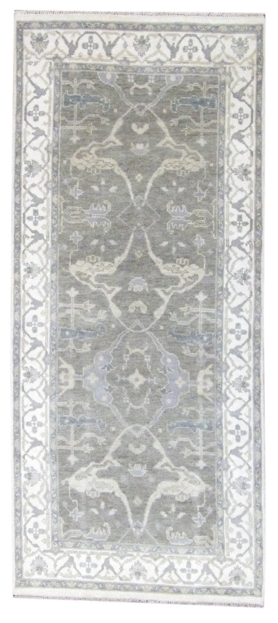 Turkish Oushak hand-knotted wool runner in gray and beige, full view
