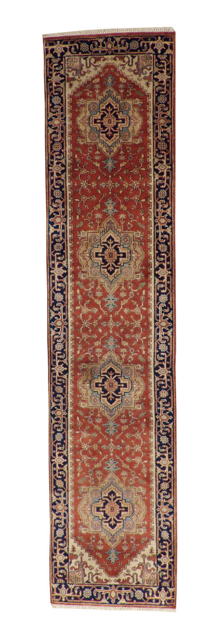 Tribal Heriz hand-knotted wool rug in Rust, full view