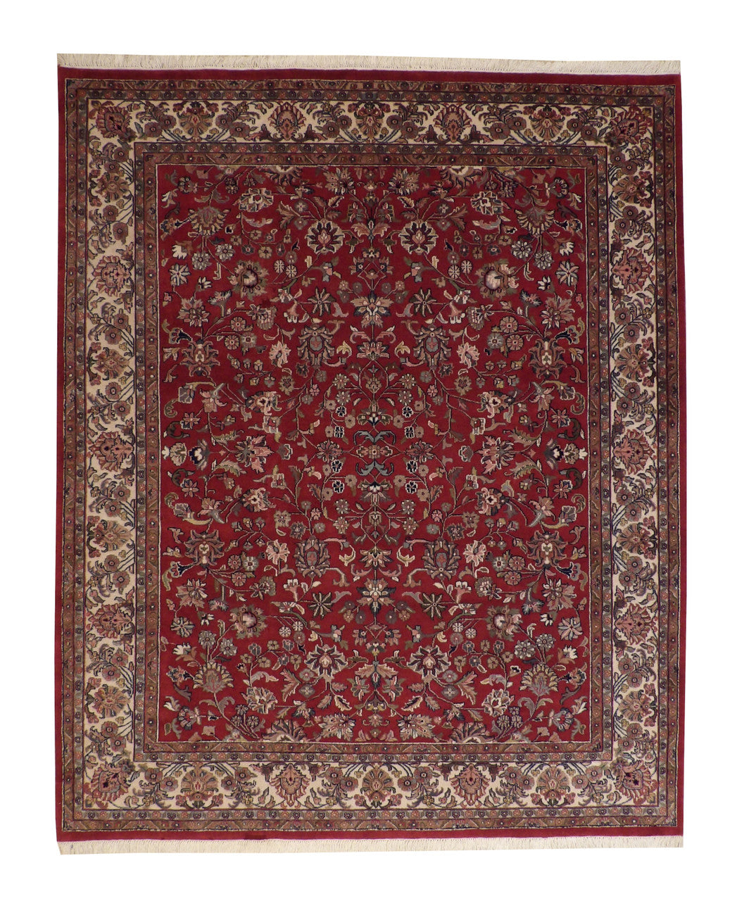 Traditional Mashad Design hand-knotted wool rug in Blue & Red, full view
