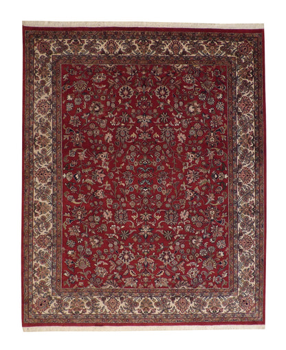 Traditional Mashad Design hand-knotted wool rug in Blue & Red, full view