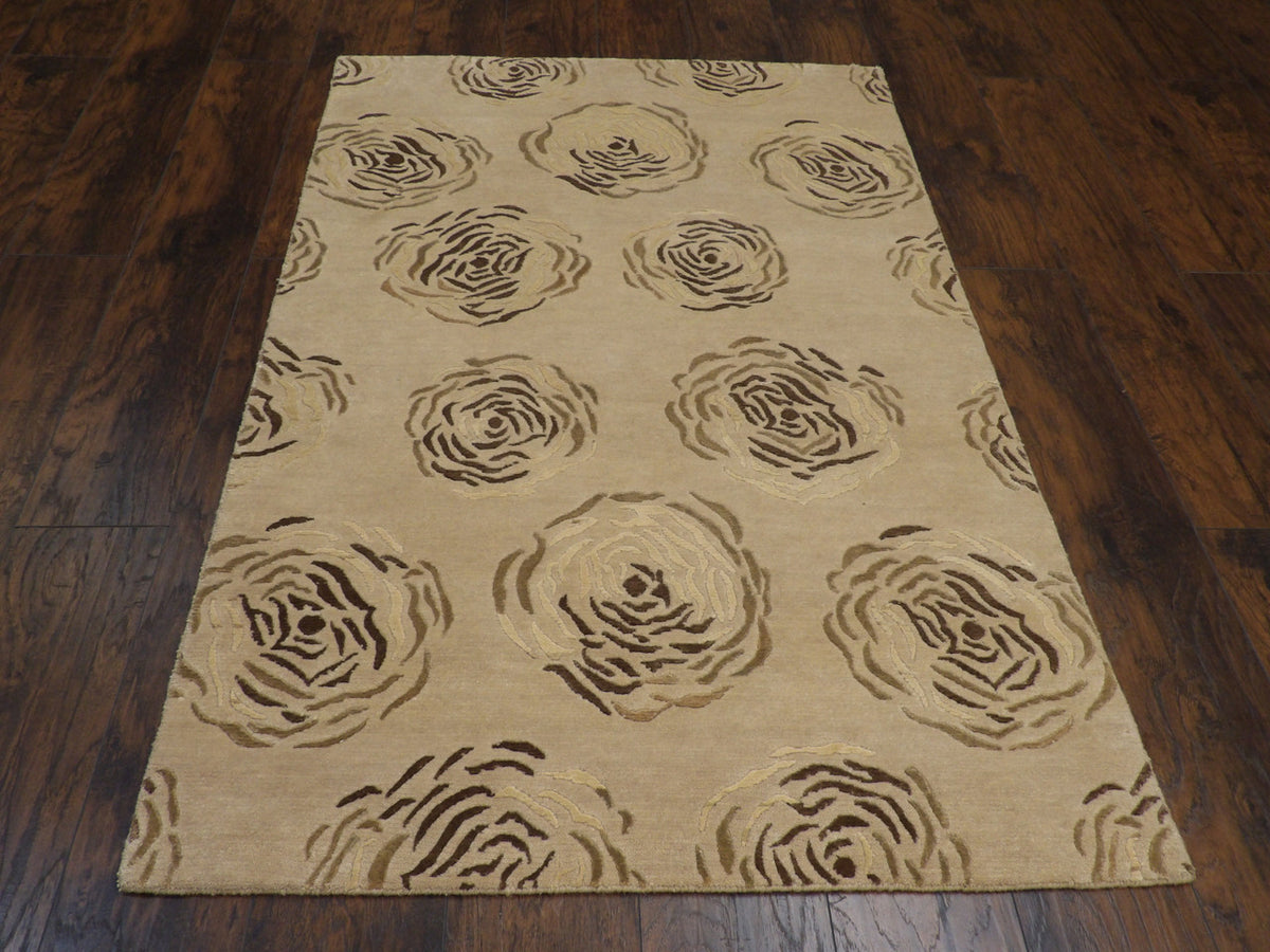 Close-up of wool-silk pile, brown and beige rug