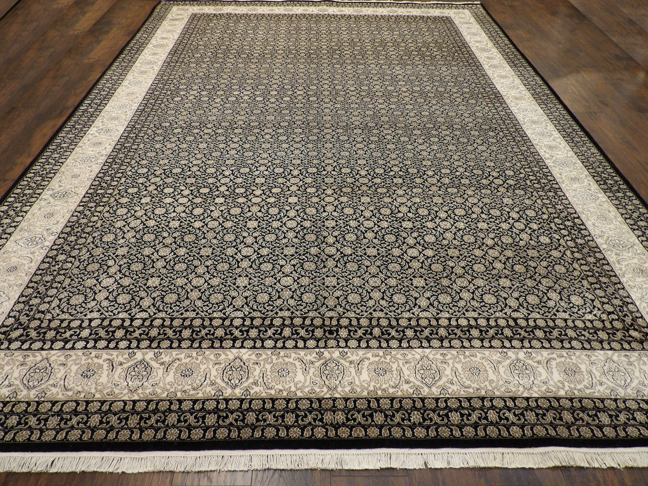 Back of hand-knotted Mir rug showing construction