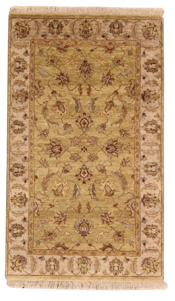 Indo Chobie hand-knotted wool rug in green and gray, full view