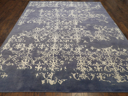 Close-up of wool-silk pile, blue and gray rug