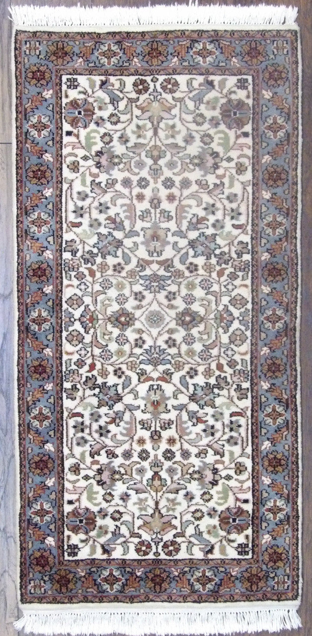 Fine Persian Kashan hand-knotted wool rug in Blue & Beige, full view