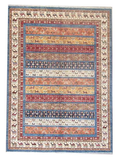 Fine tribal Khorasan natural dye hand-knotted wool rug in blue and ivory, full view