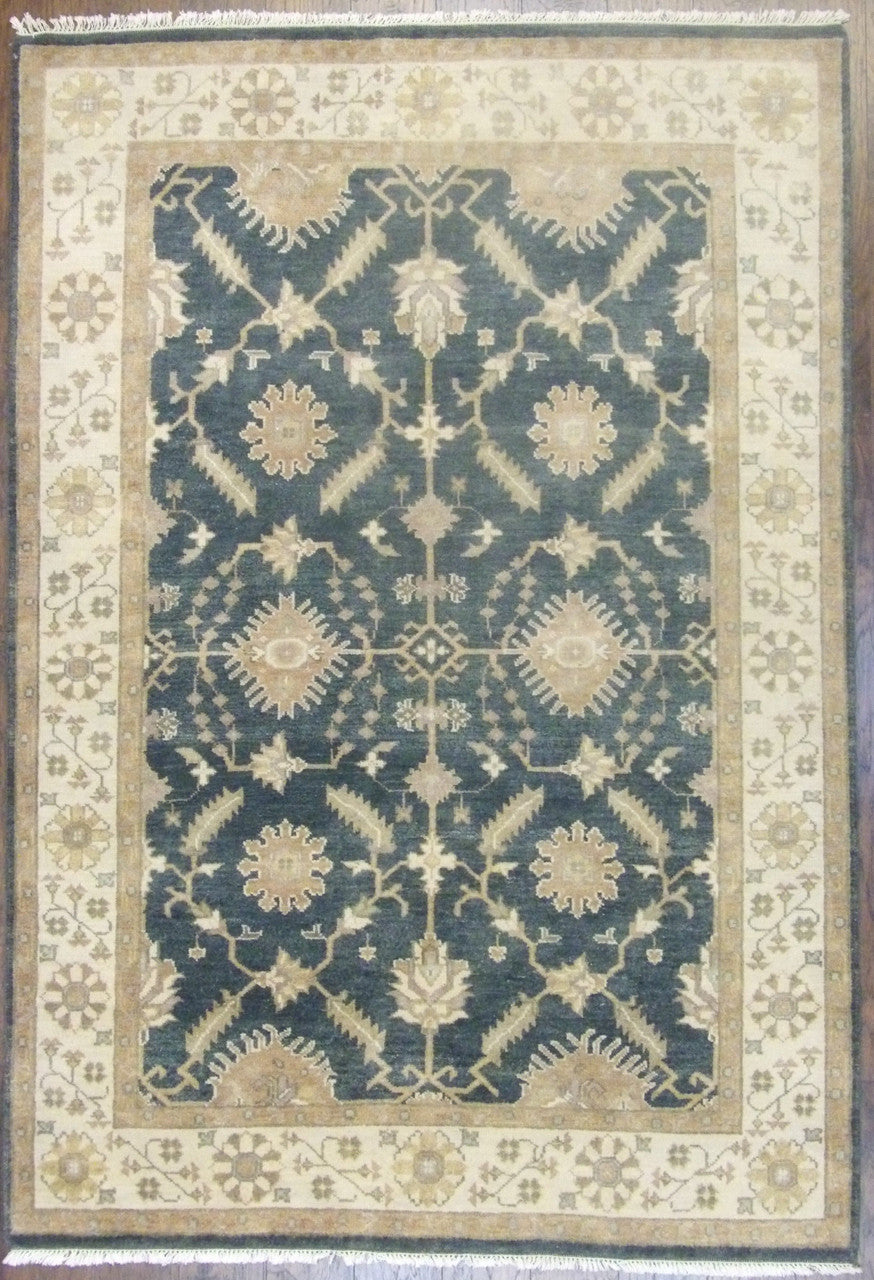 Turkish Oushak hand-knotted wool rug in green and beige, full view
