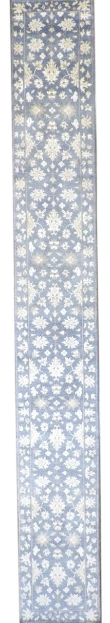 Turkish Oushak hand-knotted wool runner in blue, extra long, full view