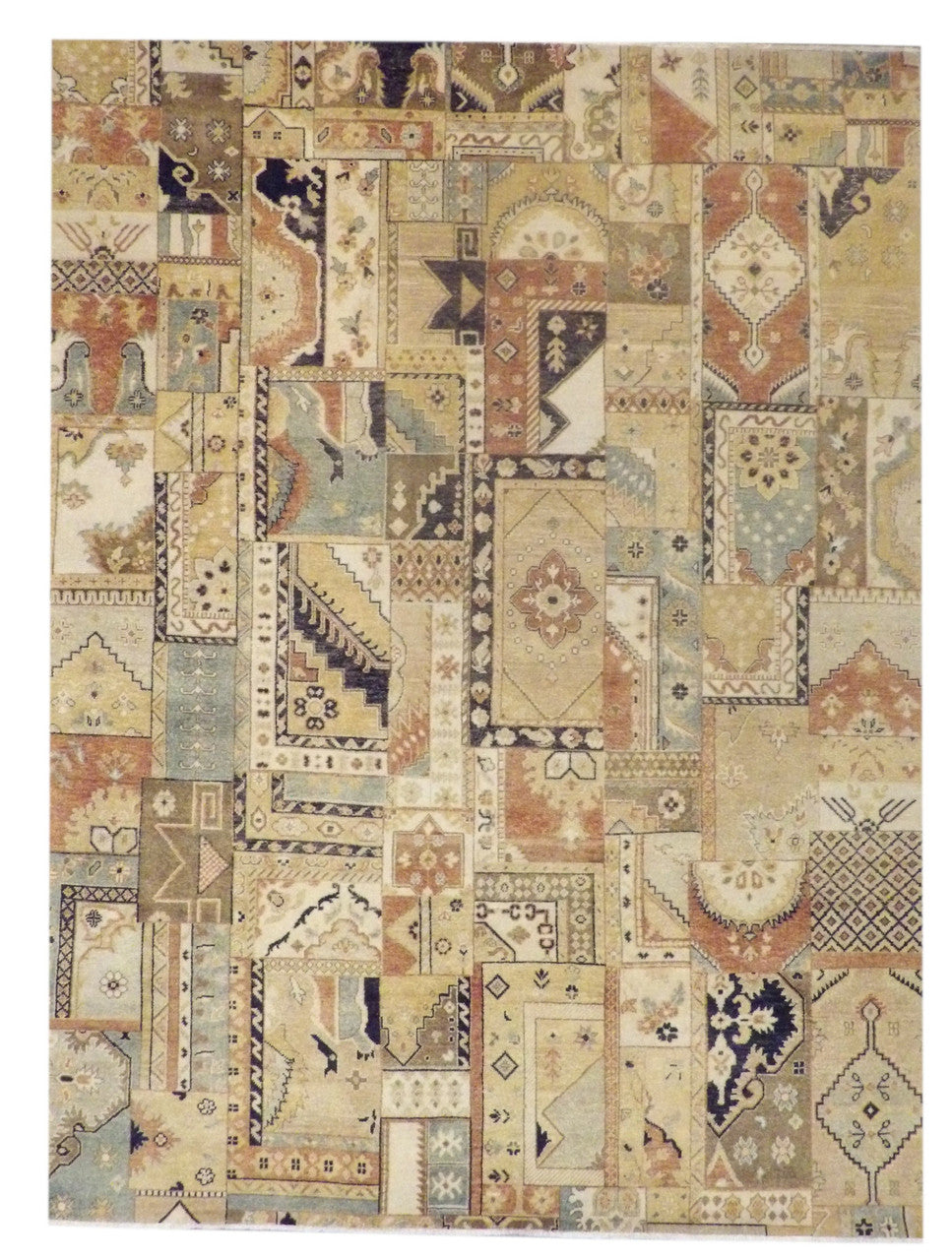 Patchwork Natural Dye Vintage Look hand-knotted wool rug in Black & Gold, full view