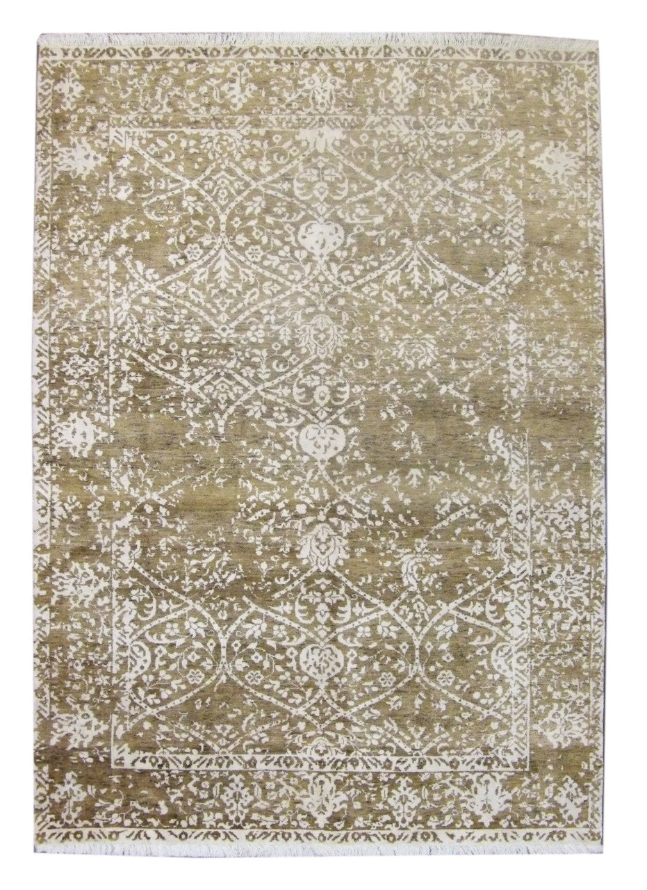 Silky transitional broken damask hand-knotted wool-silk rug in beige and ivory, full view