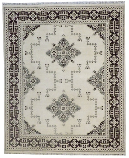 Oushak Kazak design hand-knotted wool rug in brown and ivory, full view, 8x10