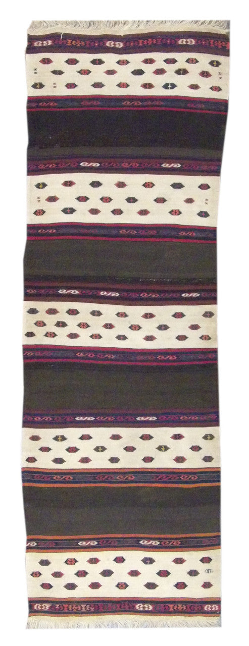 Antique tribal Turkish kilim hand-knotted wool runner in beige, brown, and rust, full view