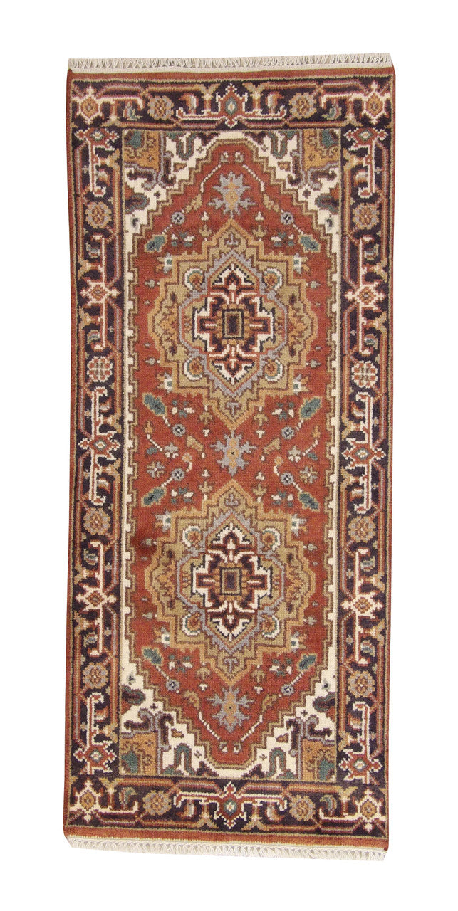 Tribal Indo Heriz hand-knotted wool rug in Rust, full view