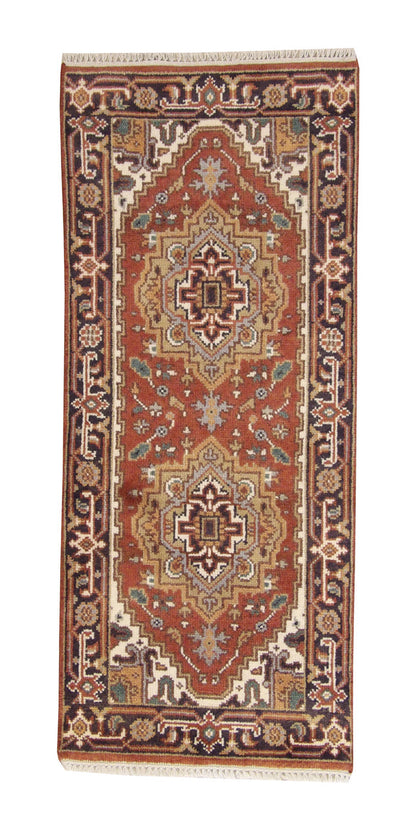 Tribal Indo Heriz hand-knotted wool rug in Rust, full view