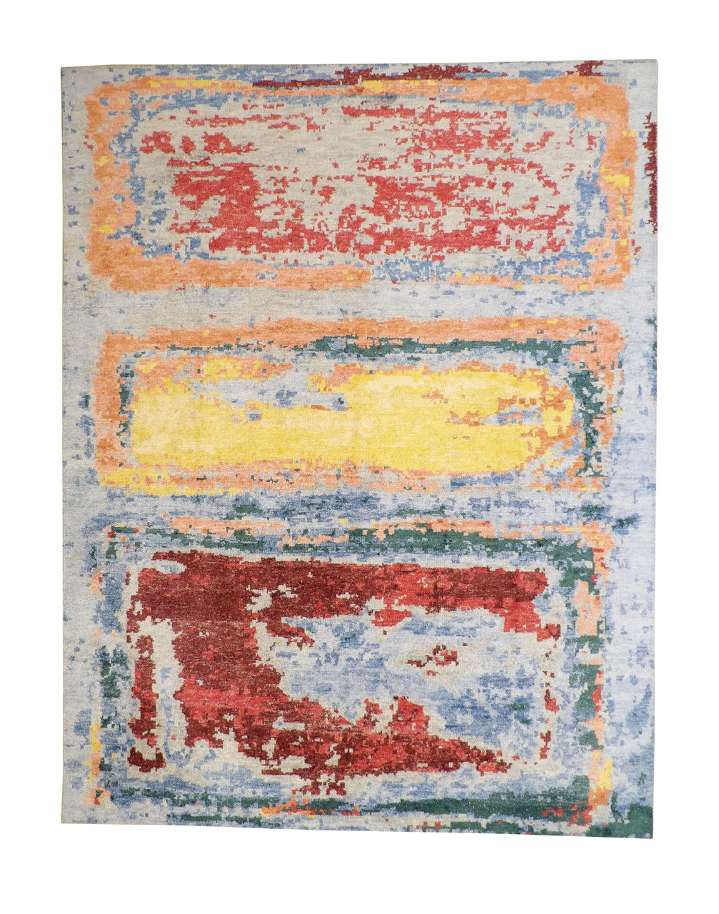 Modern Abstract Distress Design hand-knotted silk rug in Gold & Red, full view