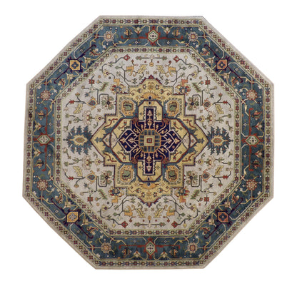 Tribal Indo Heriz hand-knotted wool rug in Blue & Gold, full view