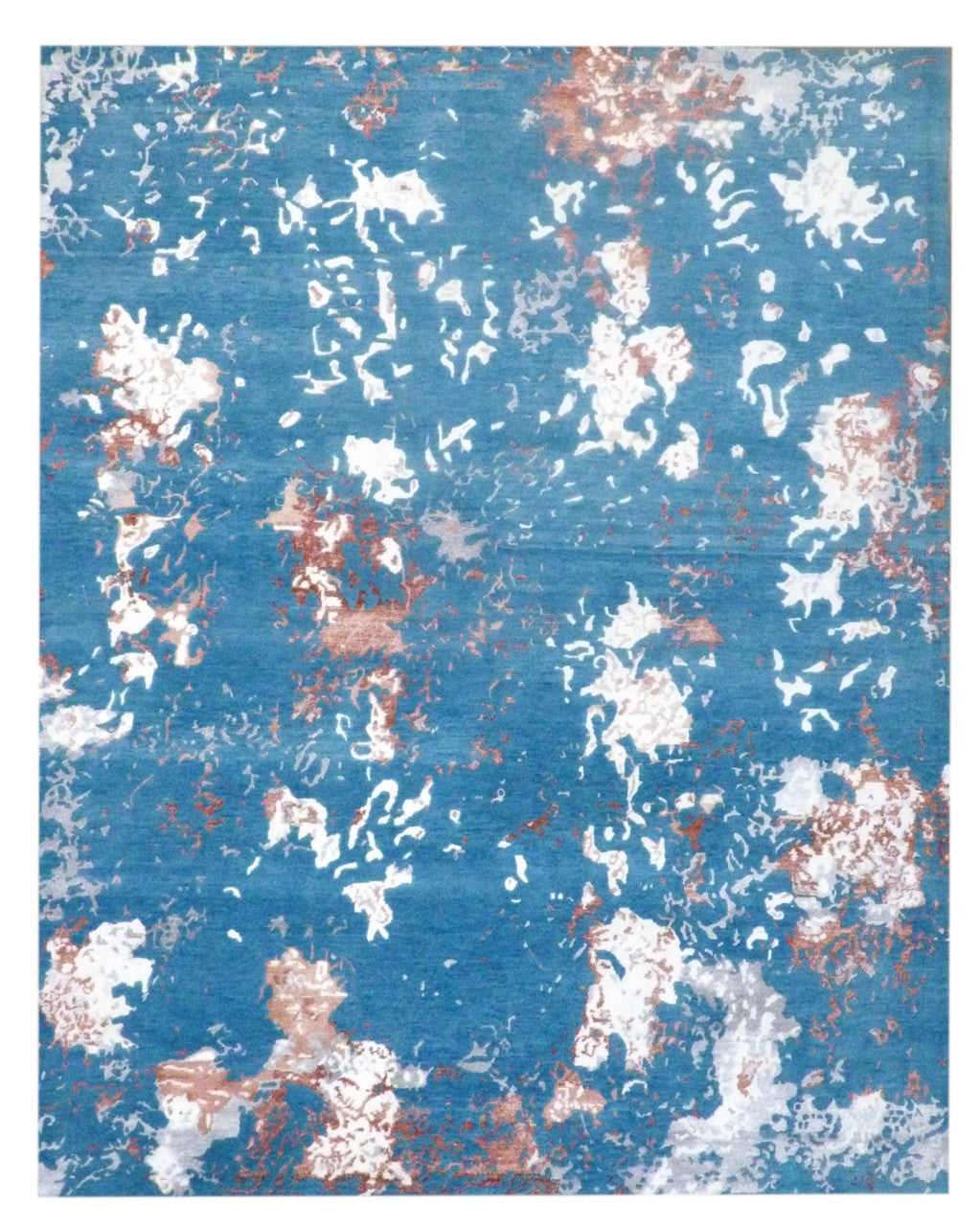 Modern abstract broken-design hand-knotted wool-silk rug in rust and teal, full view