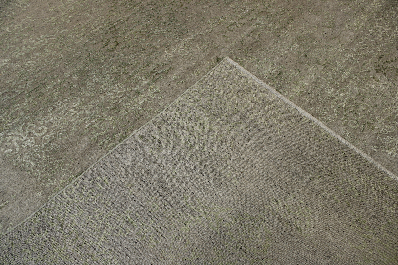 Transitional Abstract Broken Design hand-knotted wool-silk rug in Green & Silver, full view