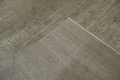 Transitional Abstract Broken Design hand-knotted wool-silk rug in Green & Silver, full view