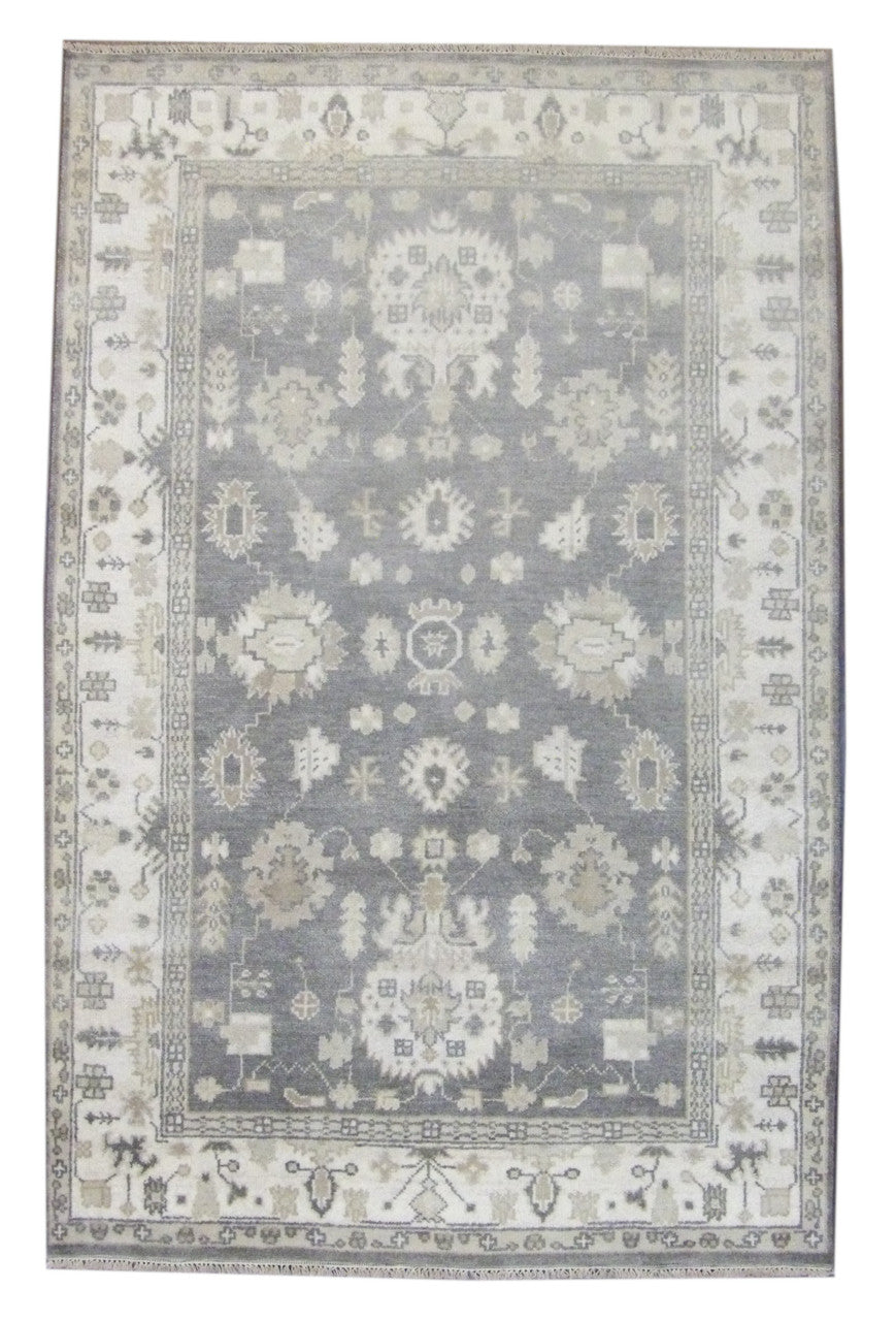 Turkish Oushak hand-knotted wool rug in gray and ivory, full view