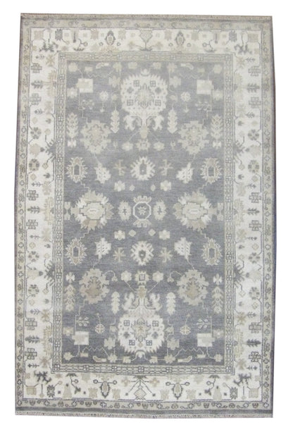 Turkish Oushak hand-knotted wool rug in gray and ivory, full view