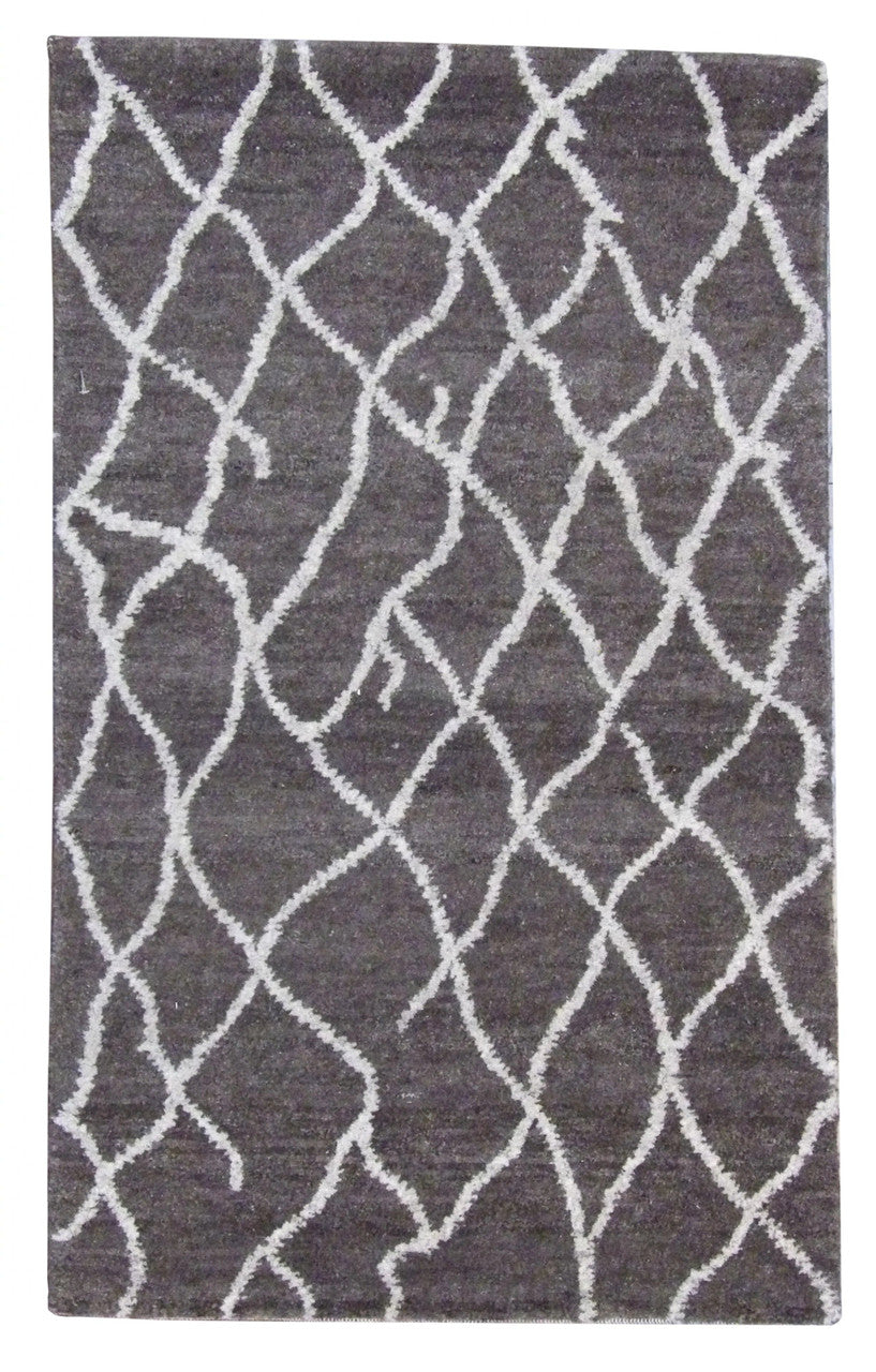 Moroccan design hand-knotted wool rug in brown, full view