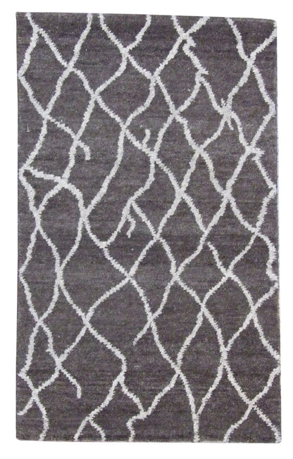 Moroccan design hand-knotted wool rug in brown, full view
