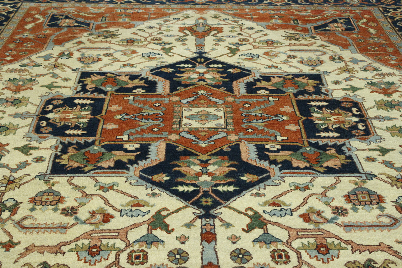 Tribal Heriz rug corner detail