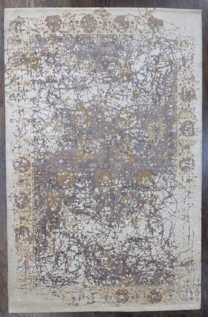 Modern Fine Abstract Oxidized hand-knotted silk rug in Beige & Purple, full view