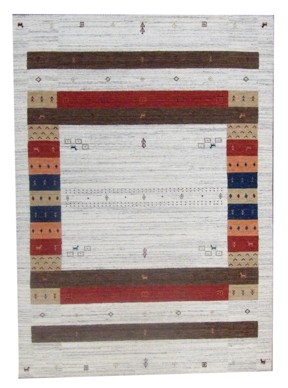 Tribal modern Gabbeh hand-knotted wool rug in beige and red, full view