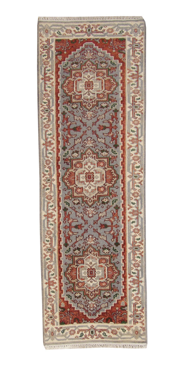 Tribal Indo Heriz hand-knotted wool rug in Blue, full view