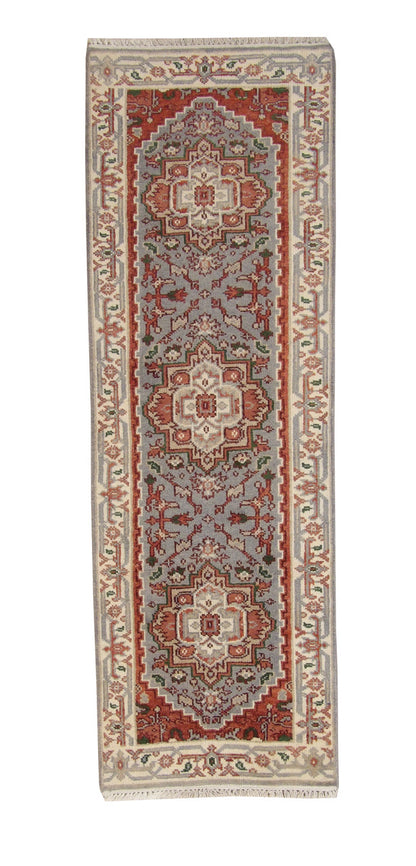 Tribal Indo Heriz hand-knotted wool rug in Blue, full view