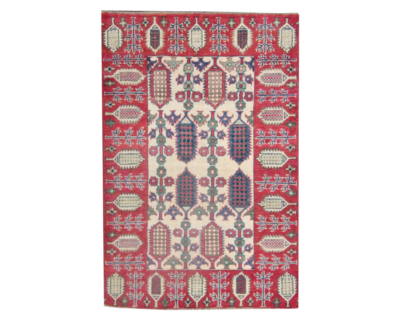 Tribal Super Kazak hand-knotted wool rug in Beige & Red, full view