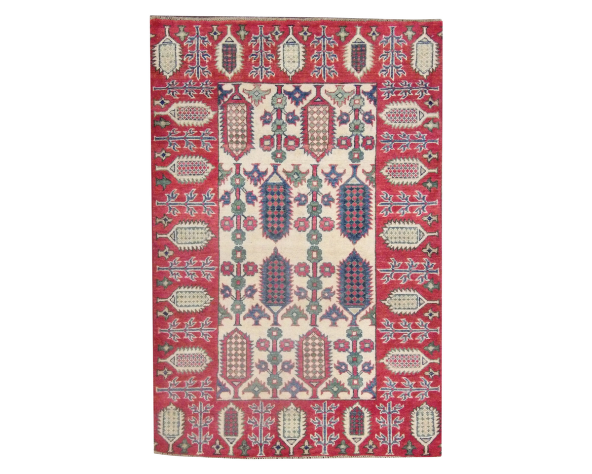 Tribal Super Kazak hand-knotted wool rug in Beige & Red, full view
