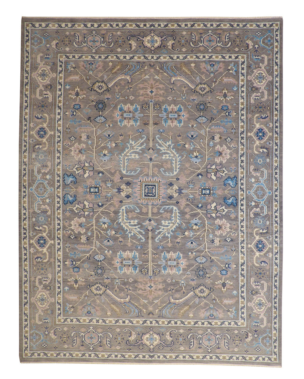 Oushak Colorful Ziegler hand-knotted wool rug in Blue & Gray, full view