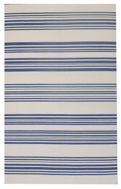 Coastal Flat Weave Indoor/Outdoor Beach hand-knotted wool rug in Blue & Beige, full view