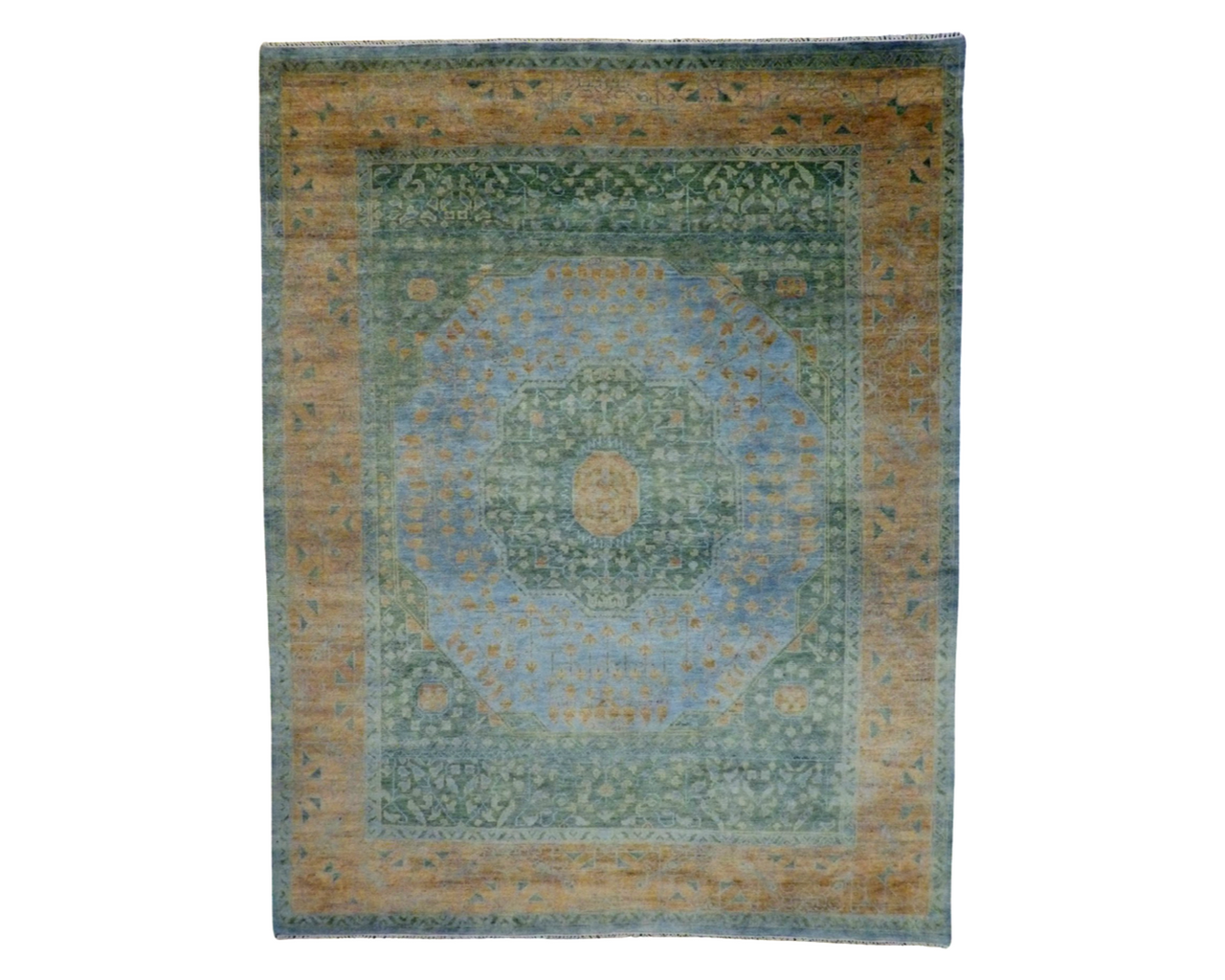 Tribal Mamluk Vegetable Dye hand-knotted wool rug in Green & Rust, full view