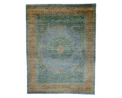 Tribal Mamluk Vegetable Dye hand-knotted wool rug in Green & Rust, full view