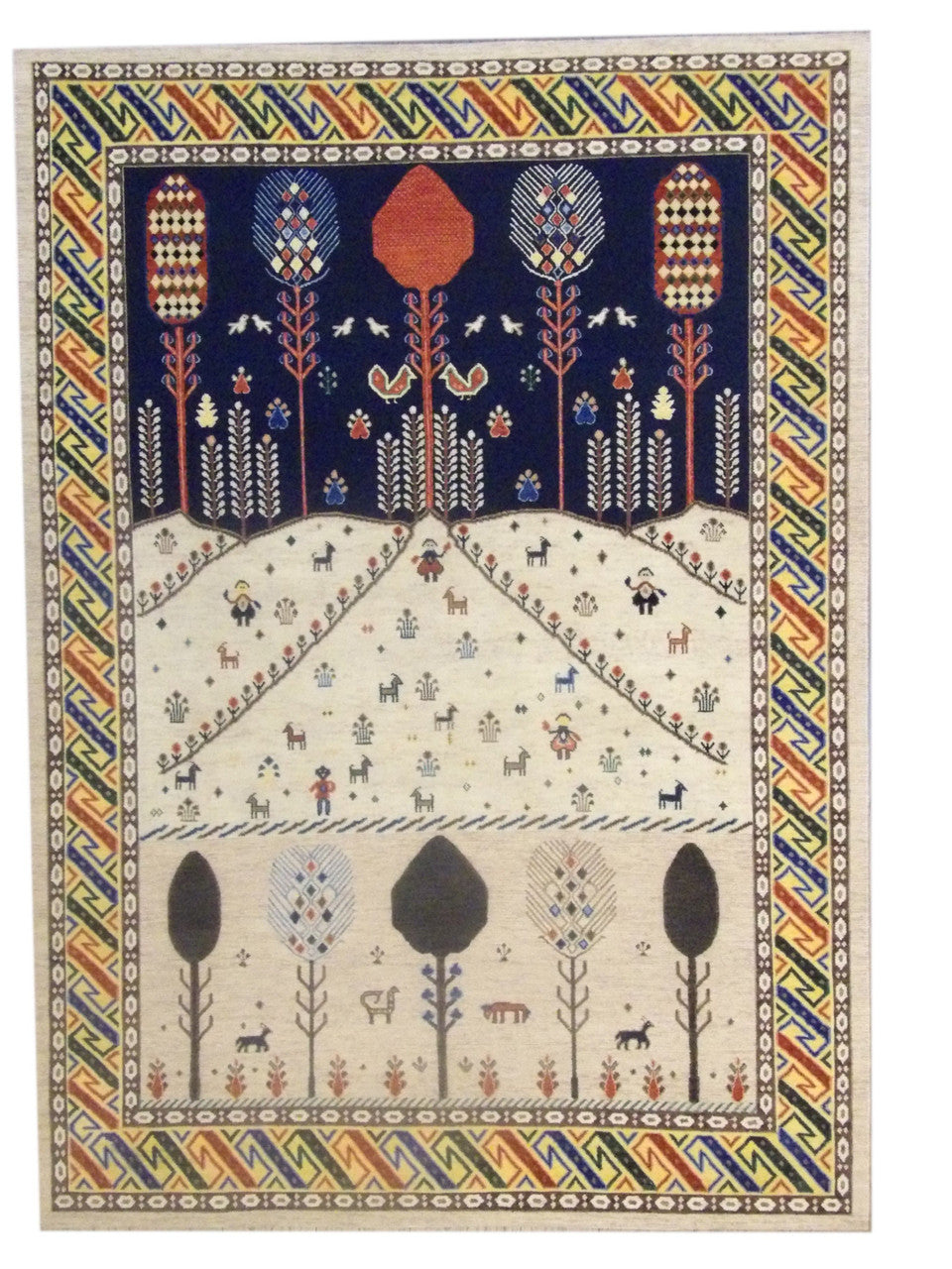 Fine tribal Khorasan Soumak weave hand-knotted wool rug in gold and ivory, full view