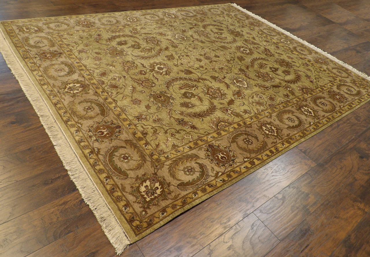 Tie-dye color transition detail on green and gray Ziegler rug