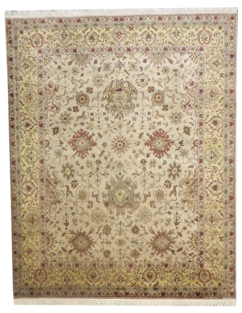 Ziegler tie-dye hand-knotted wool rug in beige and gold, full view, 8x10