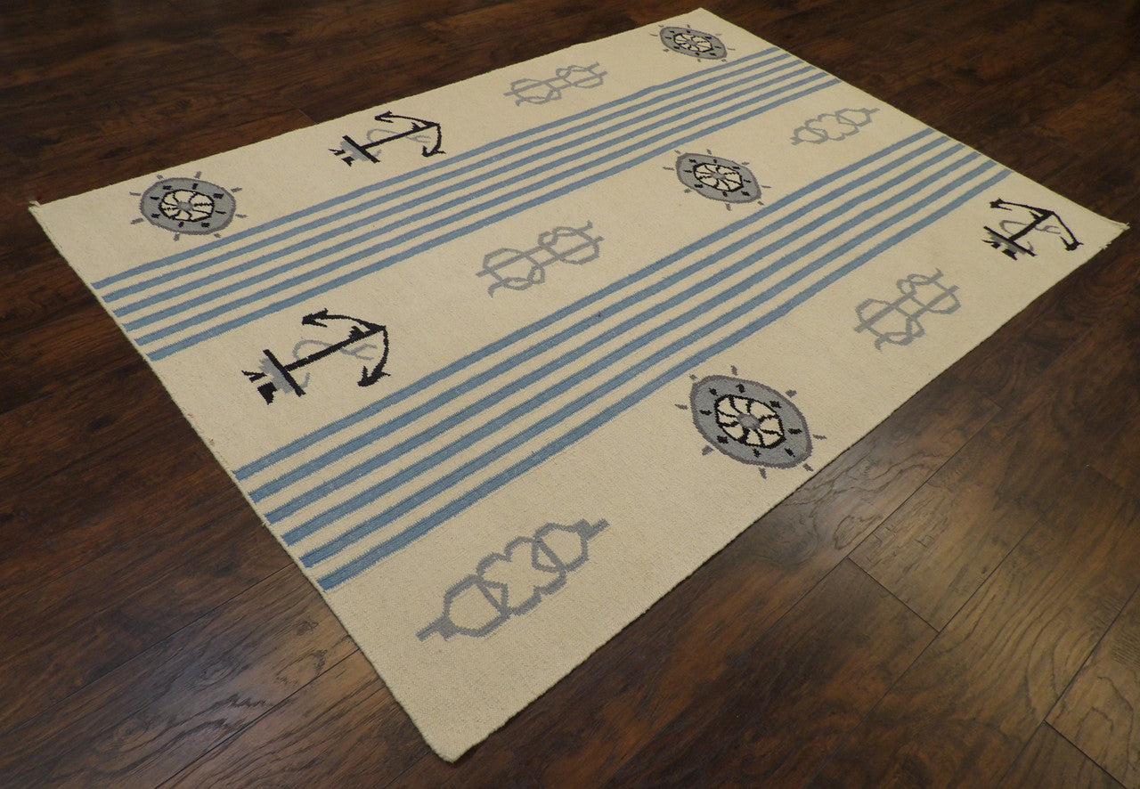 Flatweave pattern detail, blue and white coastal rug