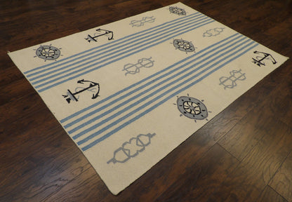 Flatweave pattern detail, blue and white coastal rug